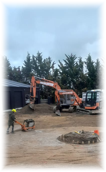 Excavator and worker carrying out earthmoving work